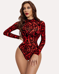 Turtleneck Sheer Mesh Bodysuit Geo Print Leotards