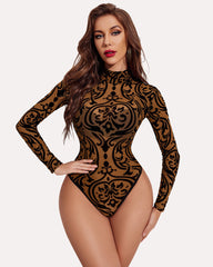 Turtleneck Sheer Mesh Bodysuit Geo Print Leotards