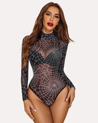 Turtleneck Sheer Mesh Bodysuit Geo Print Leotards