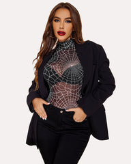 Turtleneck Sheer Mesh Bodysuit Geo Print Leotards