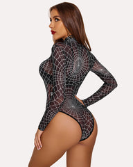 Turtleneck Sheer Mesh Bodysuit Geo Print Leotards