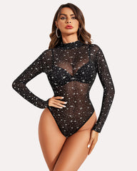 Turtleneck Sheer Mesh Bodysuit Geo Print Leotards