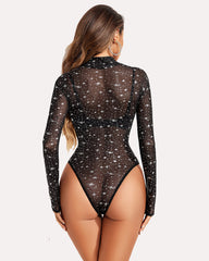 Turtleneck Sheer Mesh Bodysuit Geo Print Leotards