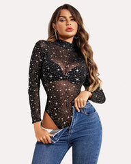 Turtleneck Sheer Mesh Bodysuit Geo Print Leotards