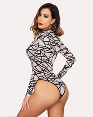 Turtleneck Sheer Mesh Bodysuit Geo Print Leotards