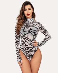 Turtleneck Sheer Mesh Bodysuit Geo Print Leotards