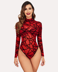 Turtleneck Sheer Mesh Bodysuit Geo Print Leotards