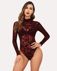 Turtleneck Sheer Mesh Bodysuit Geo Print Leotards