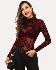 Turtleneck Sheer Mesh Bodysuit Geo Print Leotards