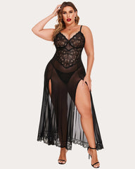 Plus Size Floral Side Slits Mesh Nightdress