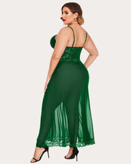 Plus Size Floral Side Slits Mesh Nightdress