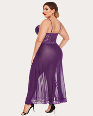 Plus Size Floral Side Slits Mesh Nightdress