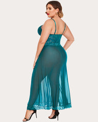 Plus Size Floral Side Slits Mesh Nightdress