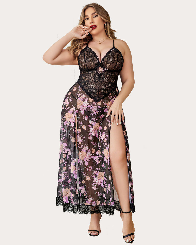 Plus Size Floral Side Slits Mesh Nightdress