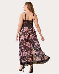 Plus Size Floral Side Slits Mesh Nightdress