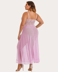 Plus Size Floral Side Slits Mesh Nightdress