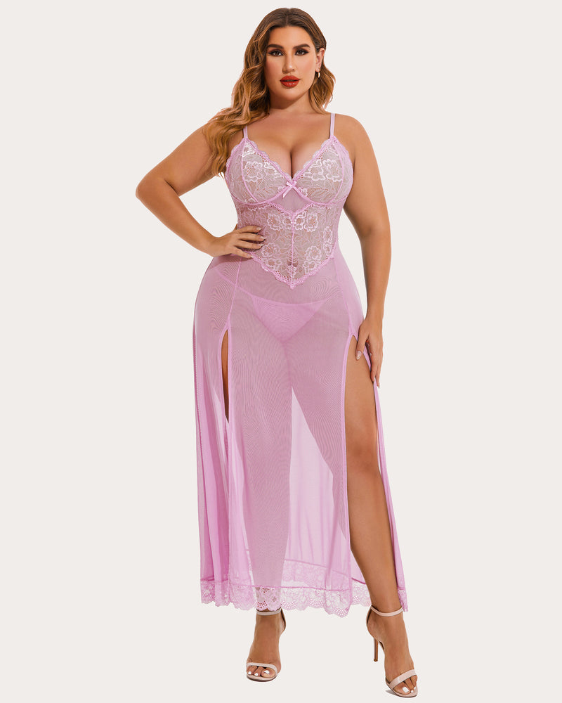 Plus Size Floral Side Slits Mesh Nightdress
