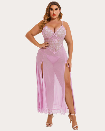 Plus Size Floral Side Slits Mesh Nightdress