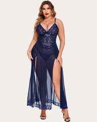 Plus Size Floral Side Slits Mesh Nightdress