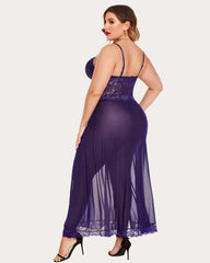 Plus Size Floral Side Slits Mesh Nightdress