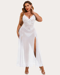 Plus Size Floral Side Slits Mesh Nightdress