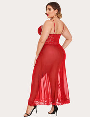 Plus Size Floral Side Slits Mesh Nightdress