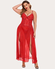 Plus Size Floral Side Slits Mesh Nightdress