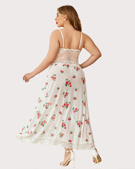 Plus Size Floral Side Slits Mesh Nightdress