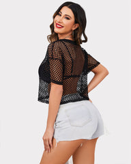 Sheer Fishnet Top Short Sleeves Crop Top