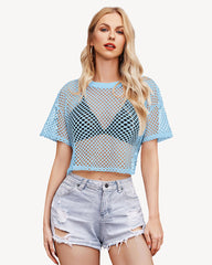 Sheer Fishnet Top Short Sleeves Crop Top