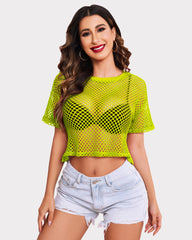 Sheer Fishnet Top Short Sleeves Crop Top