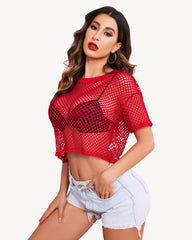 Sheer Fishnet Top Short Sleeves Crop Top