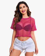 Sheer Fishnet Top Short Sleeves Crop Top