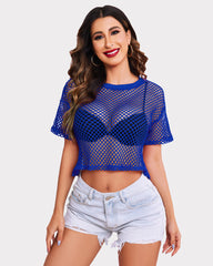 Sheer Fishnet Top Short Sleeves Crop Top