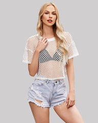 Sheer Fishnet Top Short Sleeves Crop Top