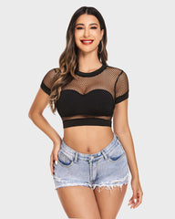 Fishnet Crop Top Short Sleeve Mesh Shirt