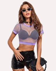 Fishnet Crop Top Short Sleeve Mesh Shirt