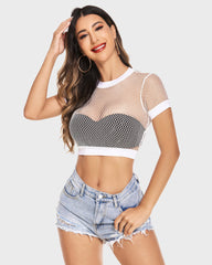 Fishnet Crop Top Short Sleeve Mesh Shirt