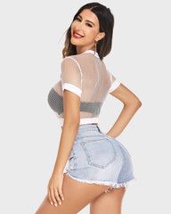 Fishnet Crop Top Short Sleeve Mesh Shirt