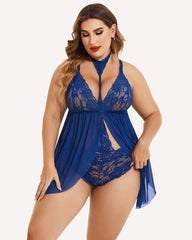 Plus Size Lace Babydoll Mesh Choker Sleepwear