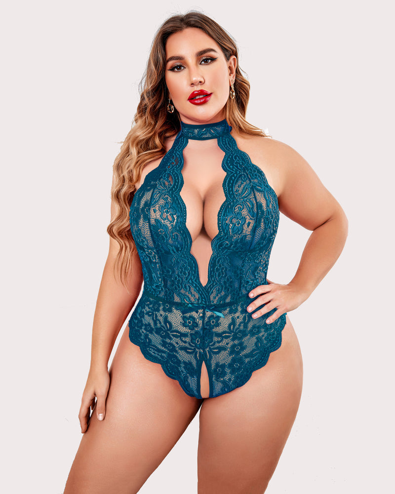 Plus Size Lace Bodysuit Halter Teddy