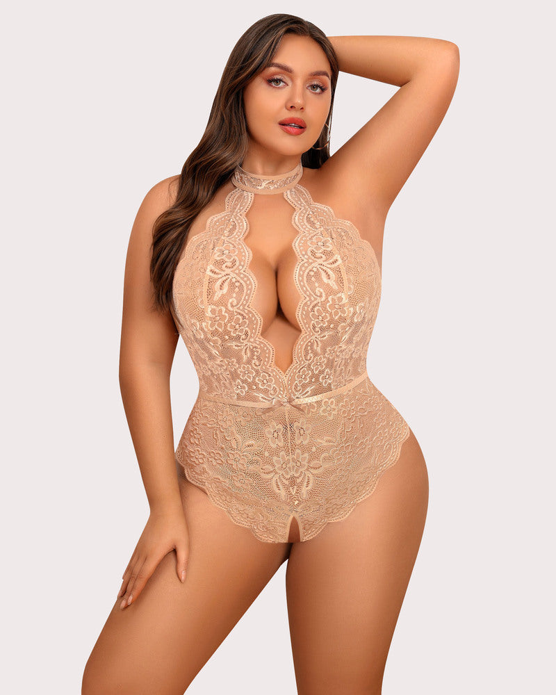 Plus Size Lace Bodysuit Halter Teddy