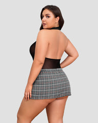 Plus Size Snap Crotch Bodysuit Plaid Skirt with Tie Halter