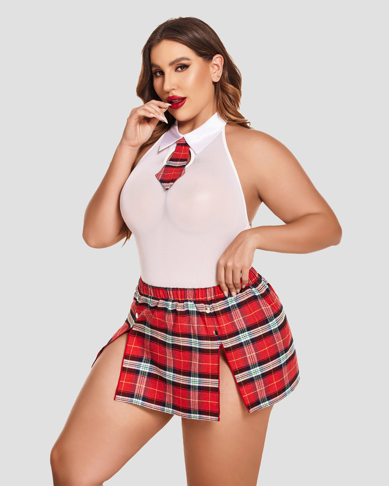 Plus Size Snap Crotch Bodysuit Plaid Skirt with Tie Halter