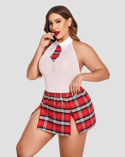 Plus Size Snap Crotch Bodysuit Plaid Skirt with Tie Halter