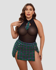 Plus Size Snap Crotch Bodysuit Plaid Skirt with Tie Halter