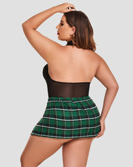 Plus Size Snap Crotch Bodysuit Plaid Skirt with Tie Halter