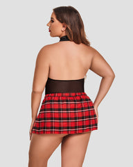 Plus Size Snap Crotch Bodysuit Plaid Skirt with Tie Halter