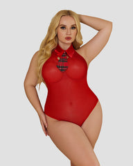 Plus Size Snap Crotch Bodysuit Plaid Skirt with Tie Halter