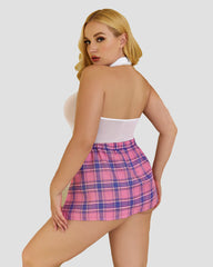 Plus Size Snap Crotch Bodysuit Plaid Skirt with Tie Halter